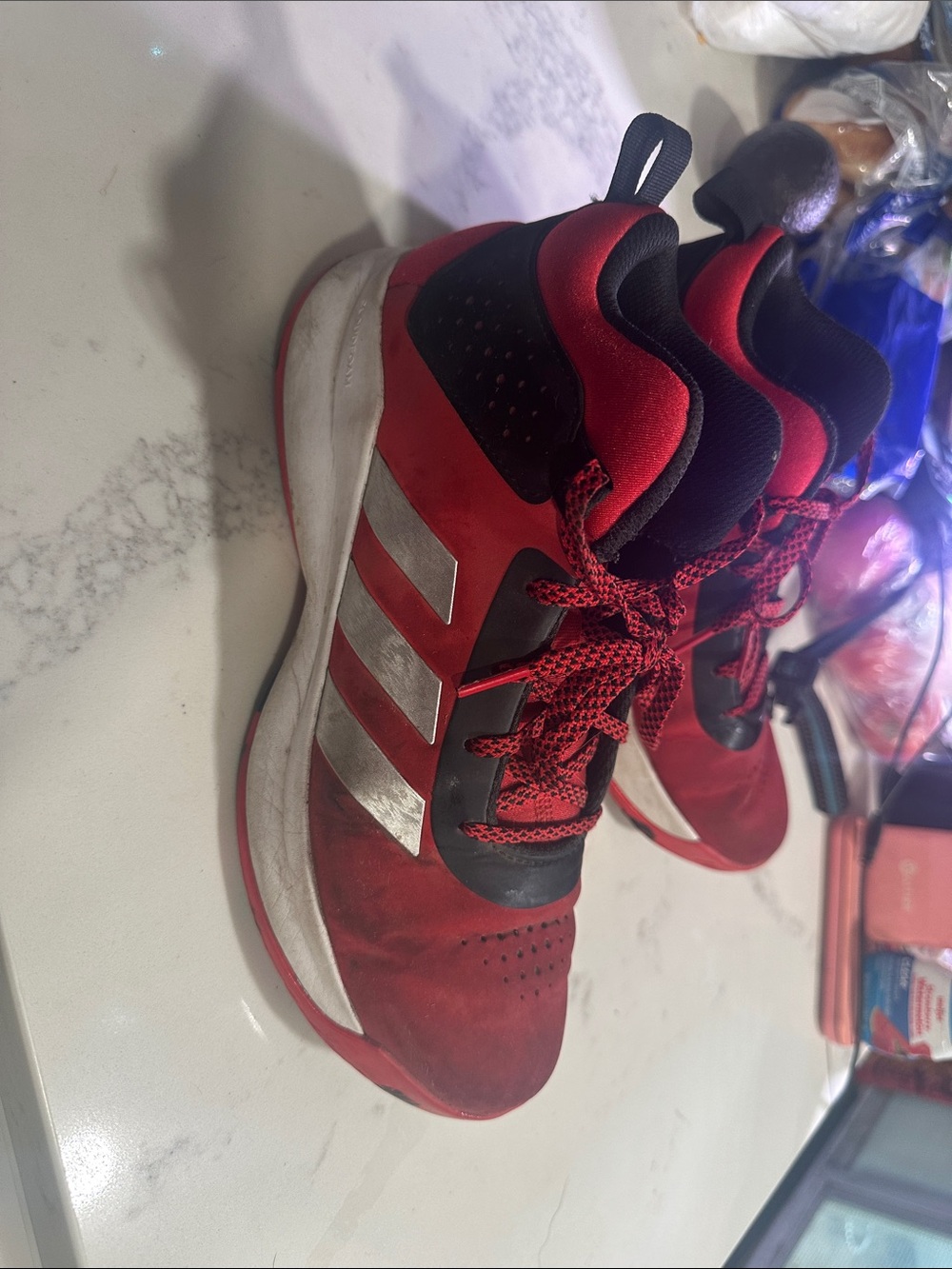 adidas Kids Red and Black Athletic Sneakers with Silver Stripes